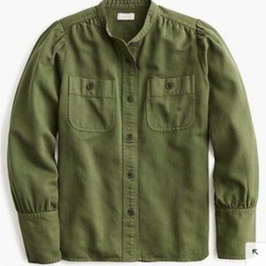 J.Crew Point Sur Draped Button Down Puffed Sleeve Shirt | Olive Green (Size XL)